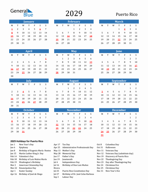 Puerto Rico 2029 Calendar with Holidays