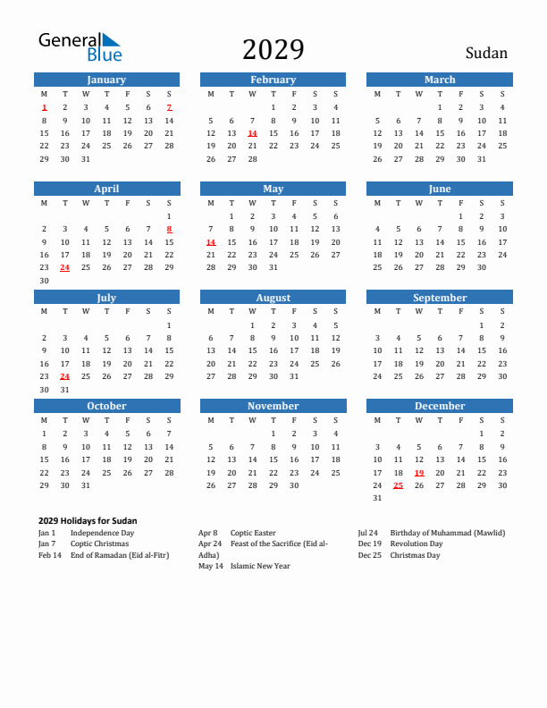 Sudan 2029 Calendar with Holidays
