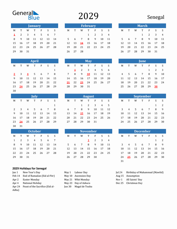 Senegal 2029 Calendar with Holidays