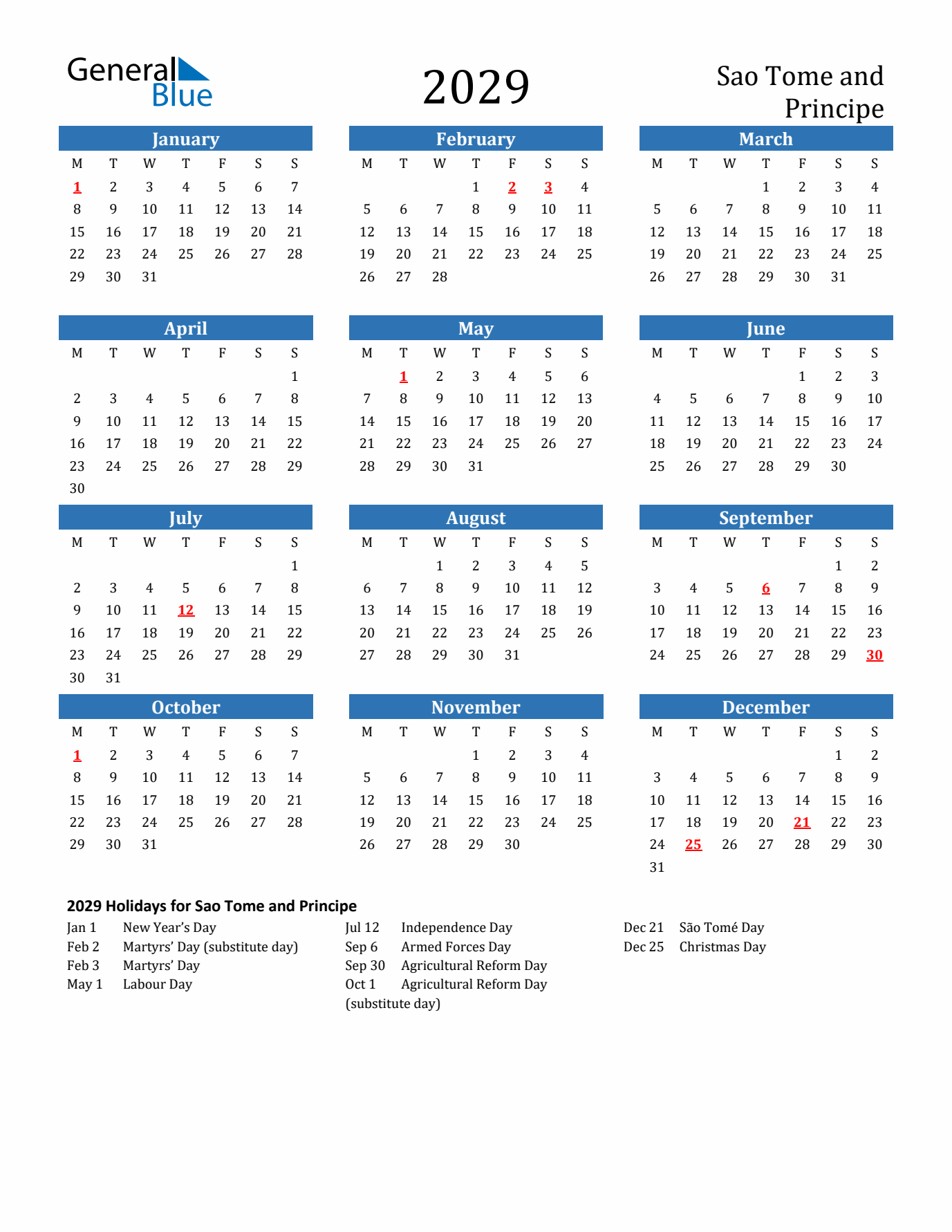 Sao Tome and Principe 2029 Calendar with Holidays
