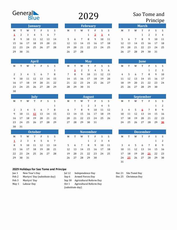 Sao Tome and Principe 2029 Calendar with Holidays