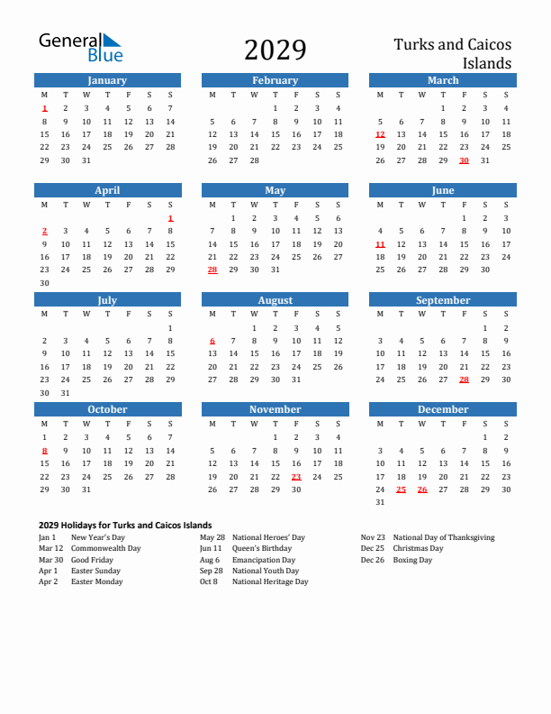 Turks and Caicos Islands 2029 Calendar with Holidays