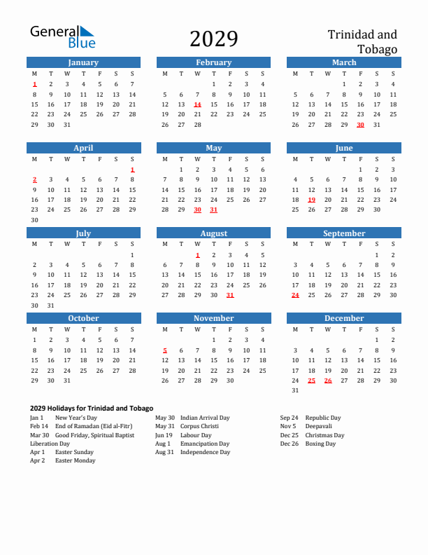Trinidad and Tobago 2029 Calendar with Holidays