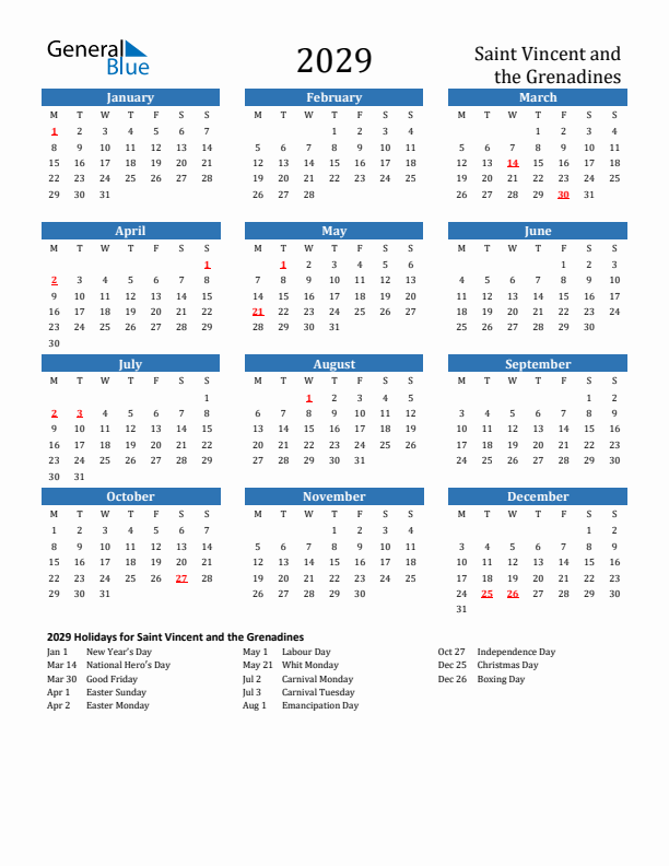 Saint Vincent and the Grenadines 2029 Calendar with Holidays