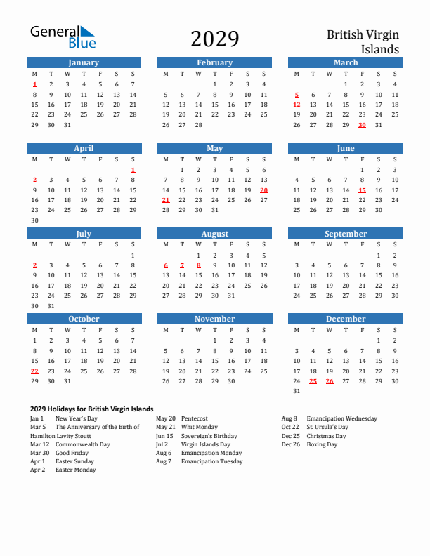 British Virgin Islands 2029 Calendar with Holidays