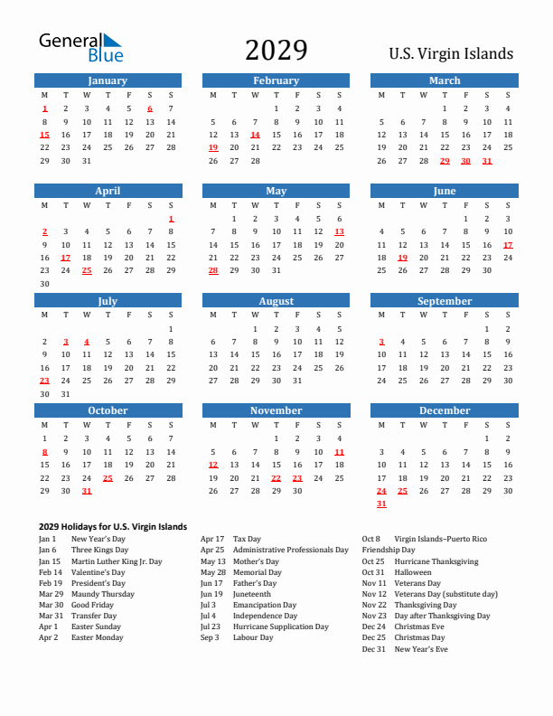 U.S. Virgin Islands 2029 Calendar with Holidays