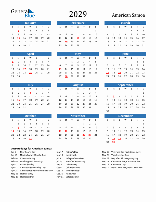 American Samoa 2029 Calendar with Holidays