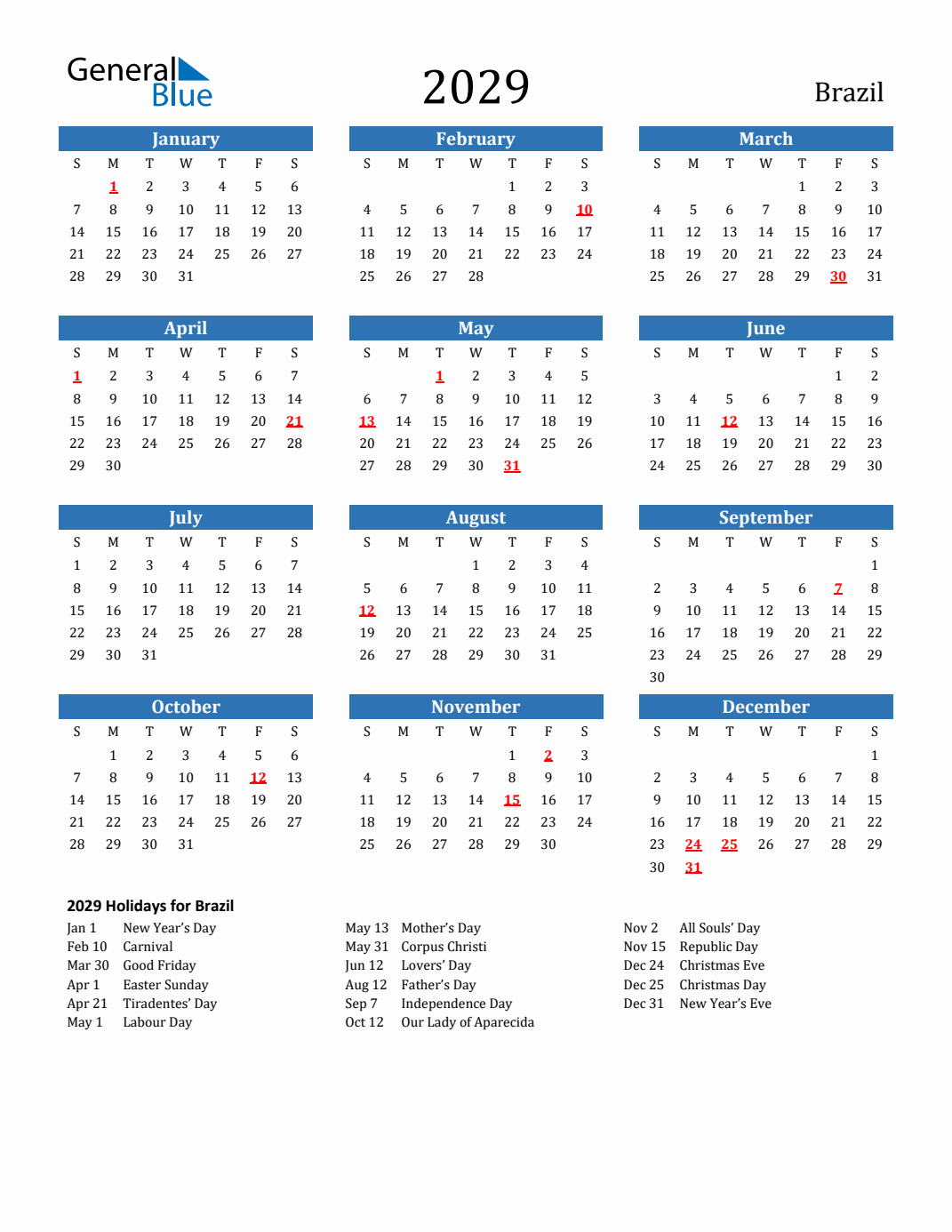 2029 brazil calendar with holidays