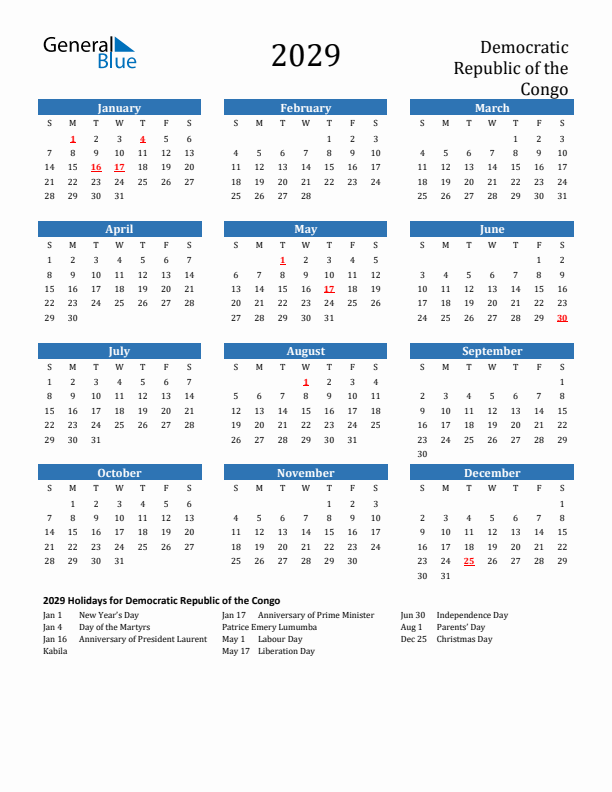 Democratic Republic of the Congo 2029 Calendar with Holidays