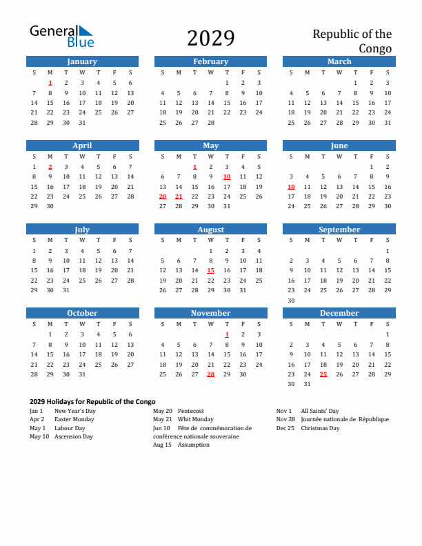 Republic of the Congo 2029 Calendar with Holidays