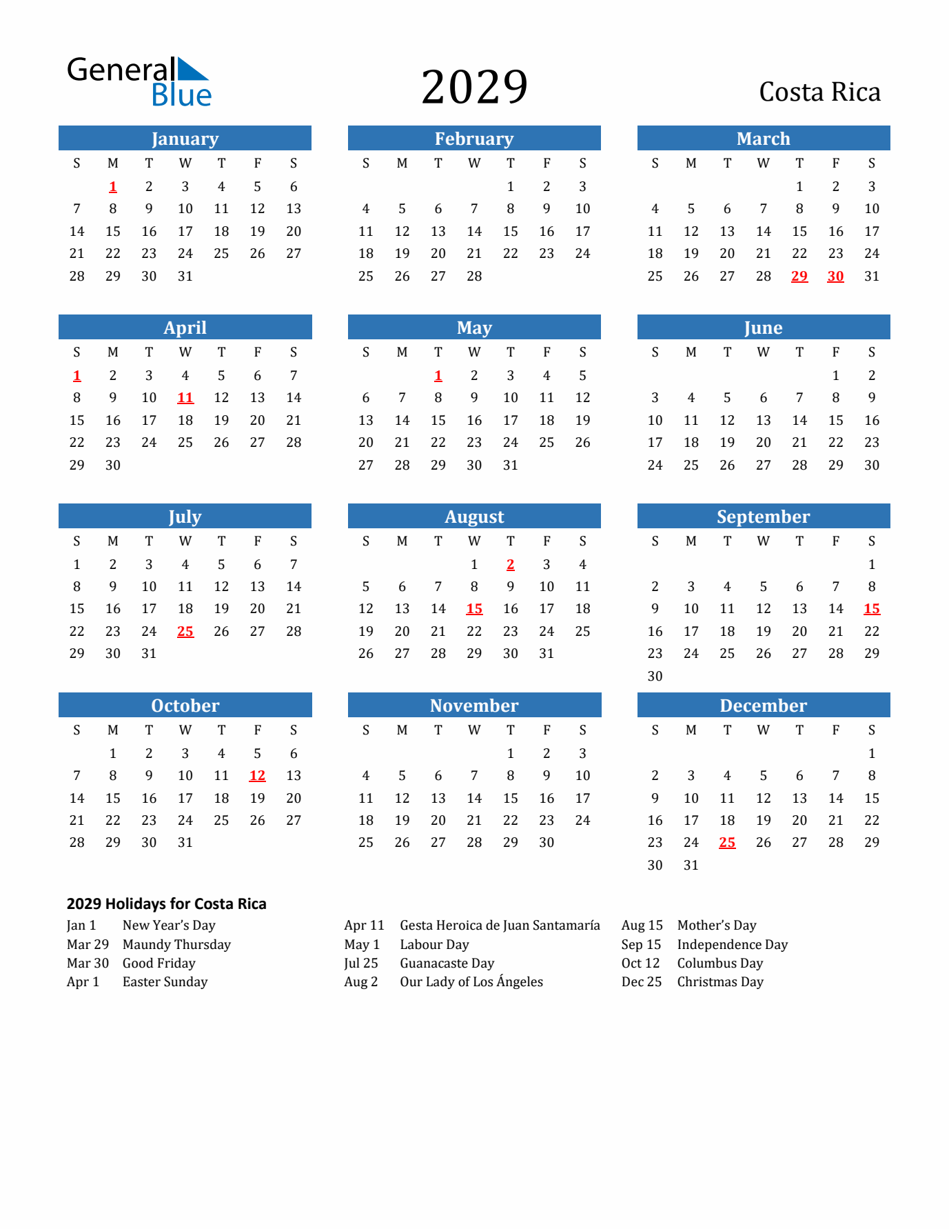 Costa Rica 2029 Calendar with Holidays