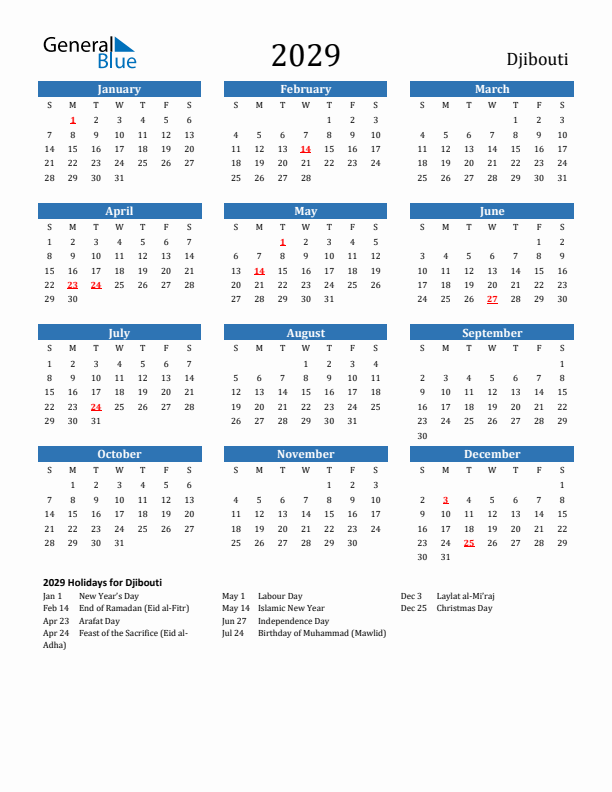 Djibouti 2029 Calendar with Holidays