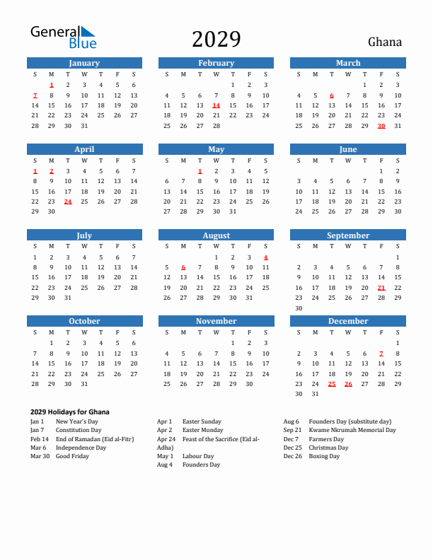 Ghana 2029 Calendar with Holidays