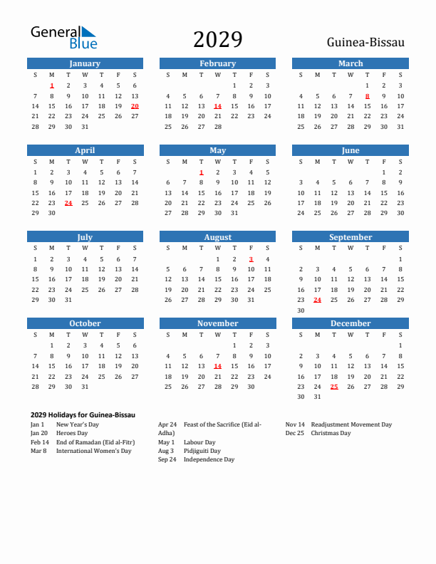Guinea-Bissau 2029 Calendar with Holidays