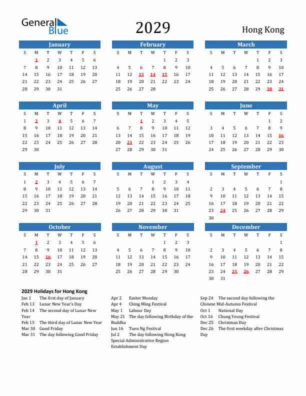 Hong Kong 2029 Calendar with Holidays