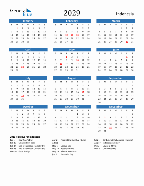 Indonesia 2029 Calendar with Holidays
