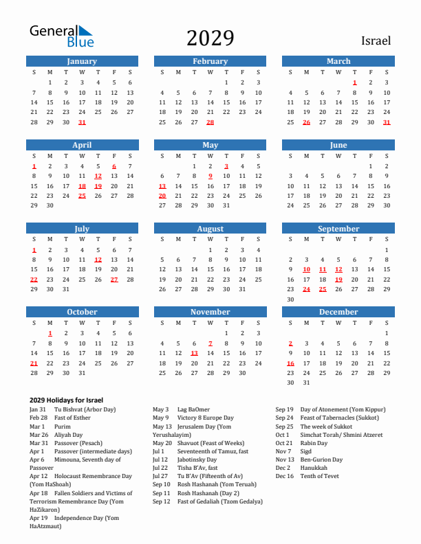 Israel 2029 Calendar with Holidays