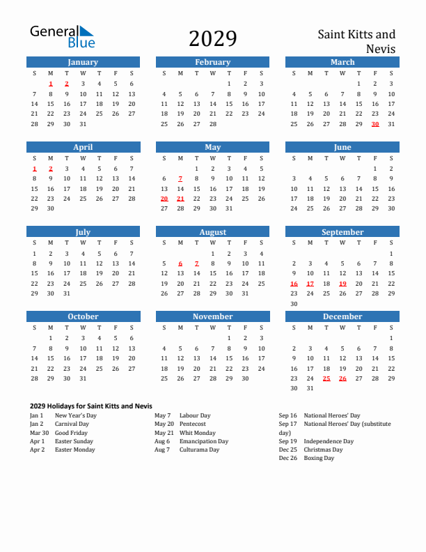Saint Kitts and Nevis 2029 Calendar with Holidays