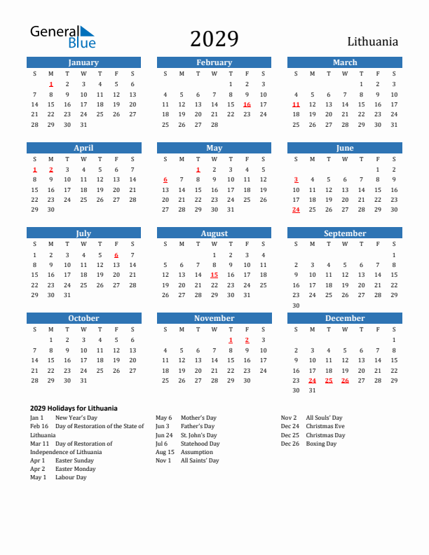 Lithuania 2029 Calendar with Holidays