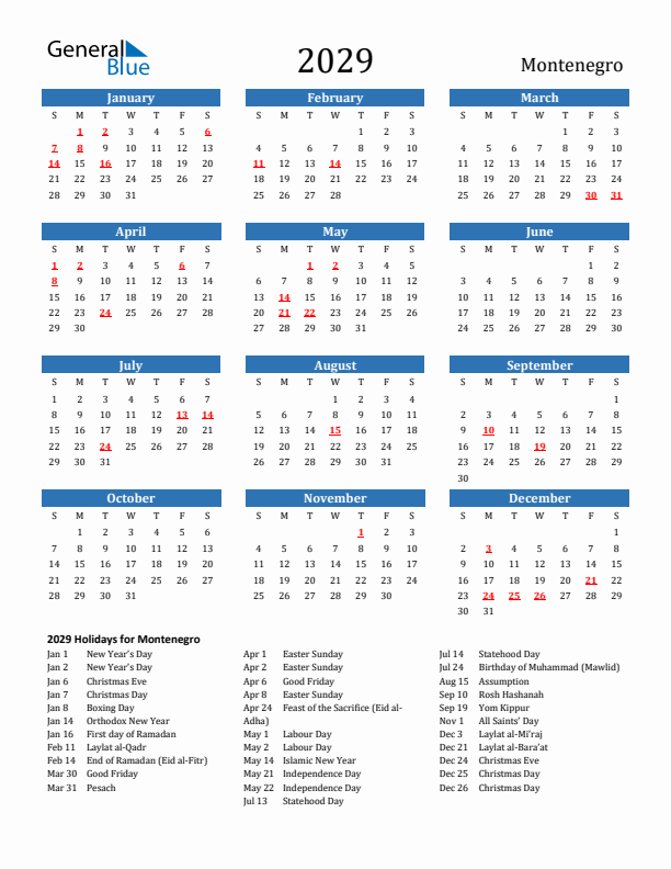 Montenegro 2029 Calendar with Holidays