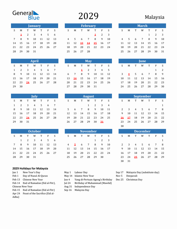 Malaysia 2029 Calendar with Holidays