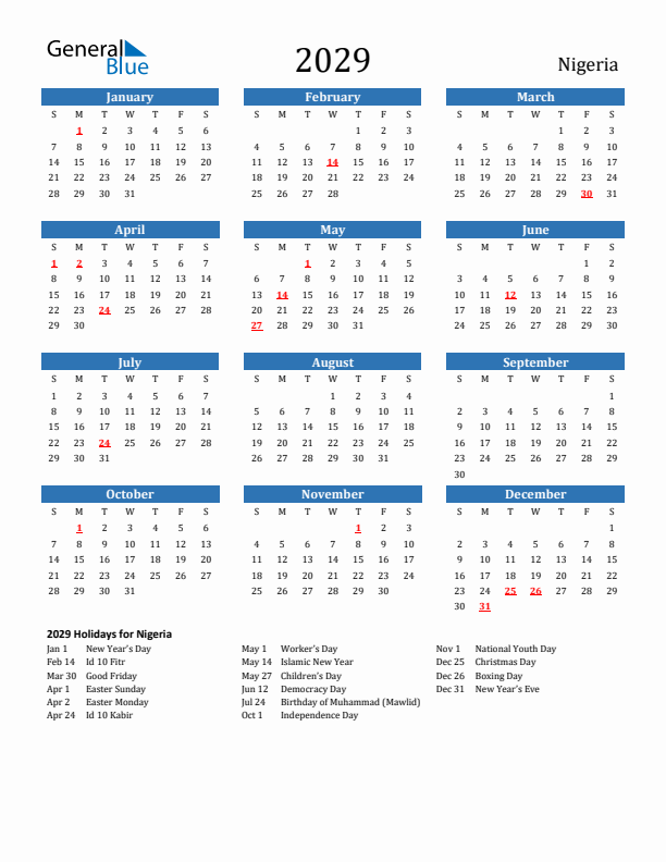 Nigeria 2029 Calendar with Holidays