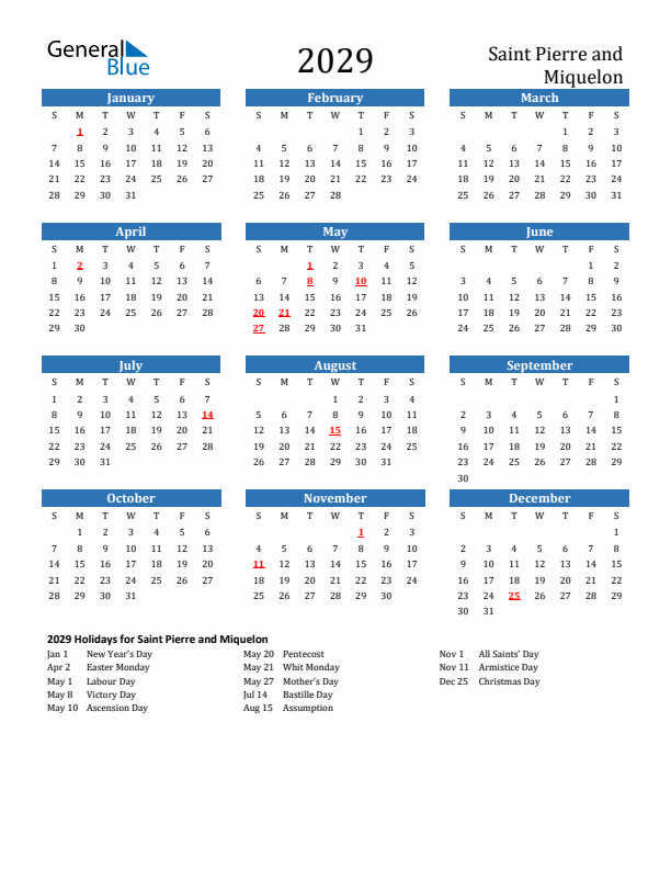 Saint Pierre and Miquelon 2029 Calendar with Holidays