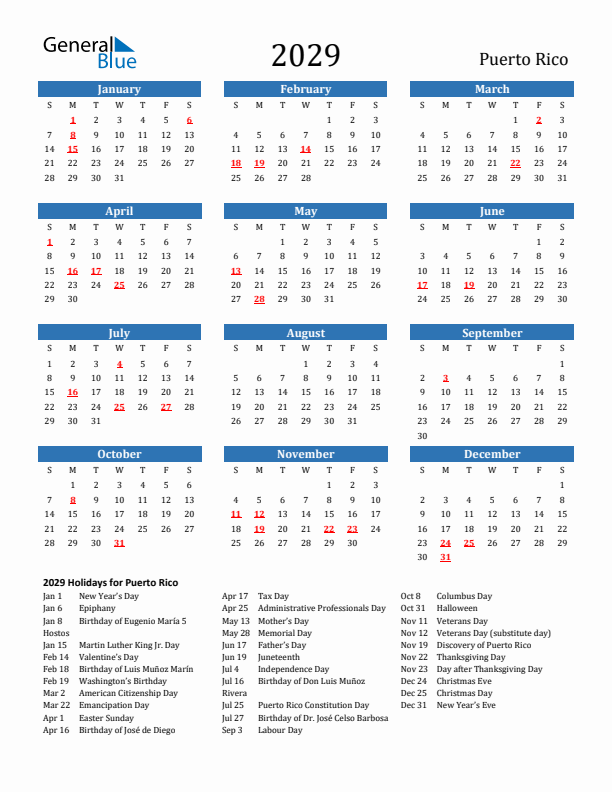 Puerto Rico 2029 Calendar with Holidays
