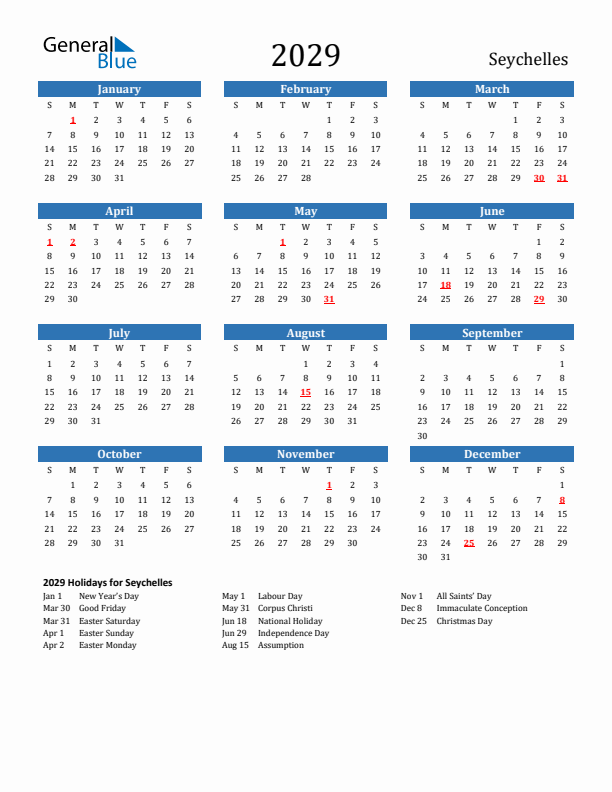 Seychelles 2029 Calendar with Holidays