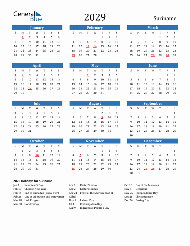 Suriname 2029 Calendar with Holidays
