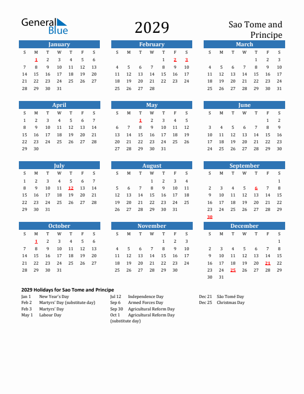 Sao Tome and Principe 2029 Calendar with Holidays