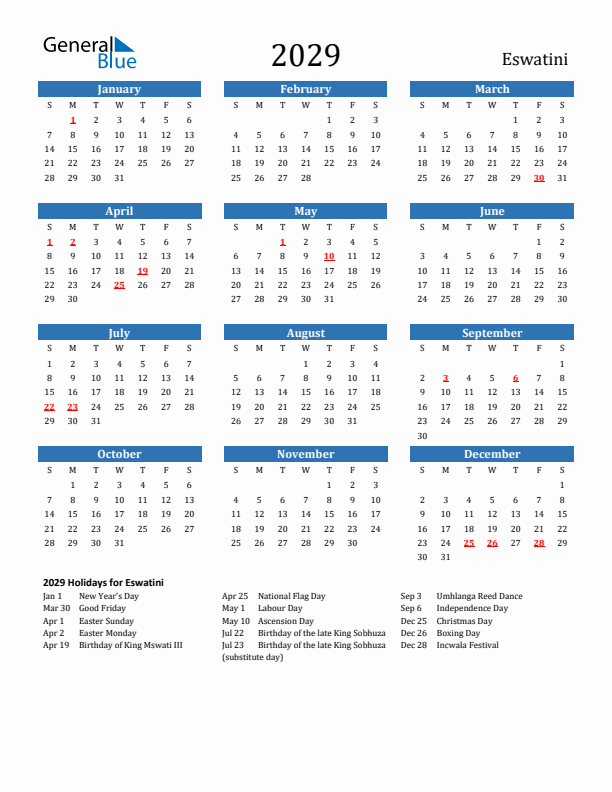 Eswatini 2029 Calendar with Holidays