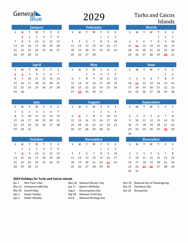 Turks and Caicos Islands 2029 Calendar with Holidays