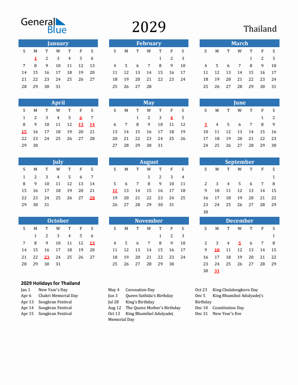Thailand 2029 Calendar with Holidays
