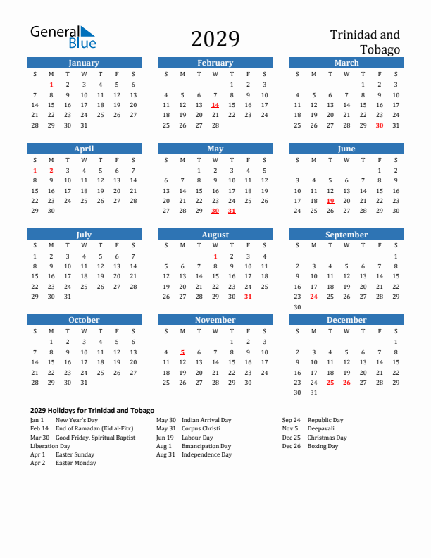Trinidad and Tobago 2029 Calendar with Holidays