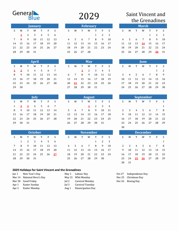 Saint Vincent and the Grenadines 2029 Calendar with Holidays