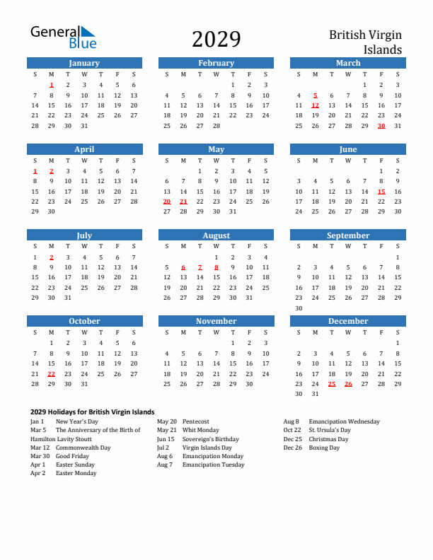 British Virgin Islands 2029 Calendar with Holidays