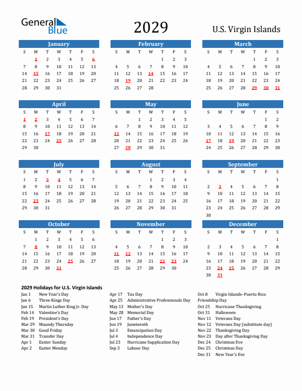 U.S. Virgin Islands 2029 Calendar with Holidays