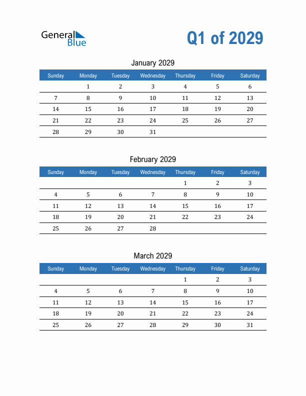 Fillable Quarterly Calendar for Q1 2029