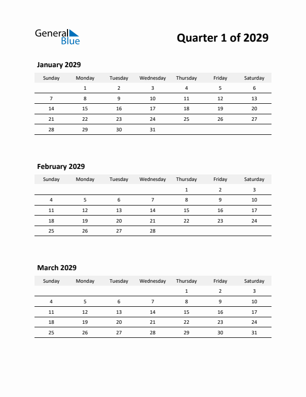 2029 Three-Month Calendar (Quarter 1)
