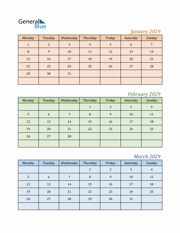 Three-Month Calendar for Year 2029 (January, February, and March)
