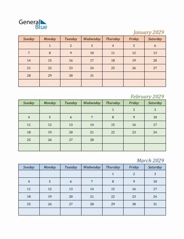 Three-Month Calendar for Year 2029 (January, February, and March)