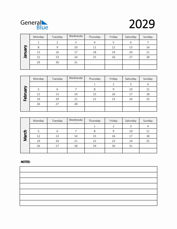Q1 2029 Calendar with Notes