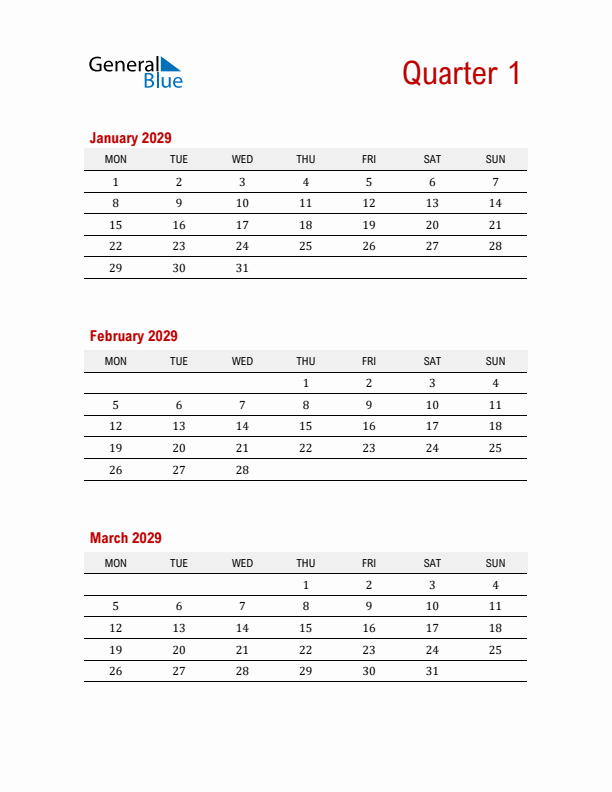 Three-Month Printable Calendar 2029