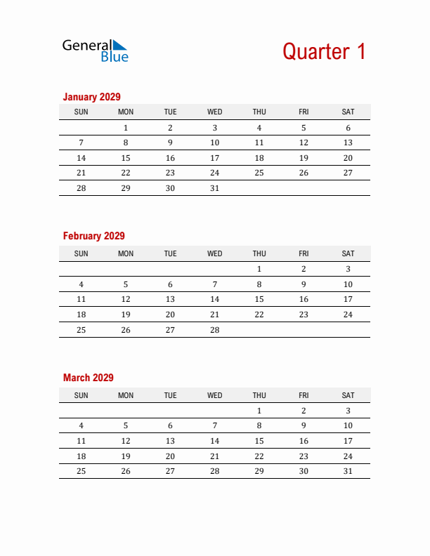 Three-Month Printable Calendar 2029