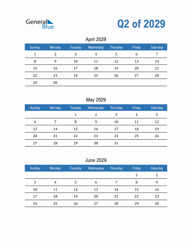 Fillable Quarterly Calendar for Q2 2029
