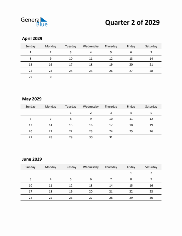 2029 Three-Month Calendar (Quarter 2)