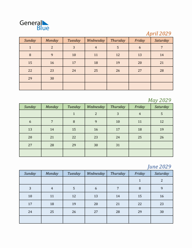 Three-Month Calendar for Year 2029 (April, May, and June)
