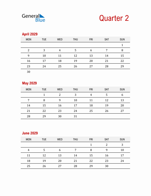 Three-Month Printable Calendar 2029