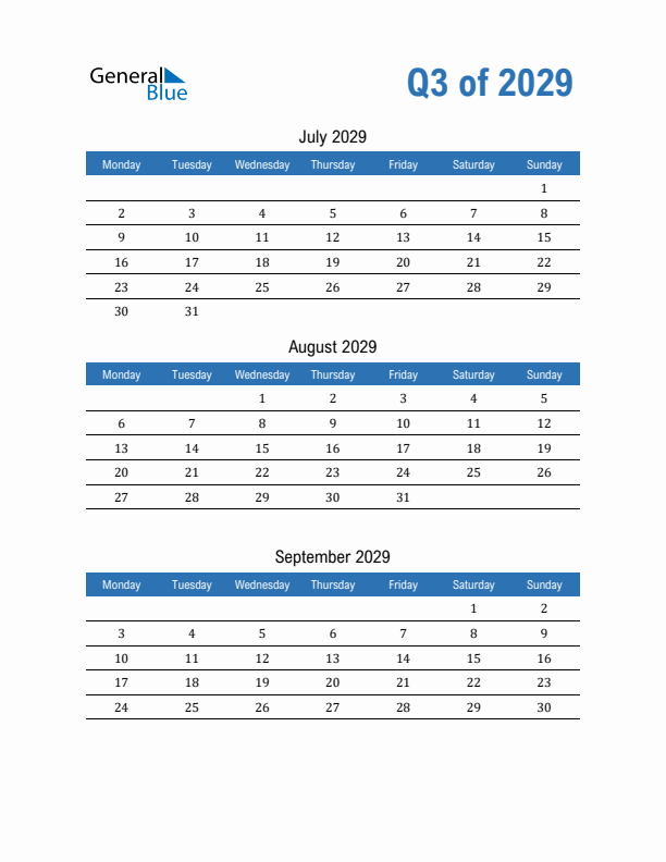 Fillable Quarterly Calendar for Q3 2029